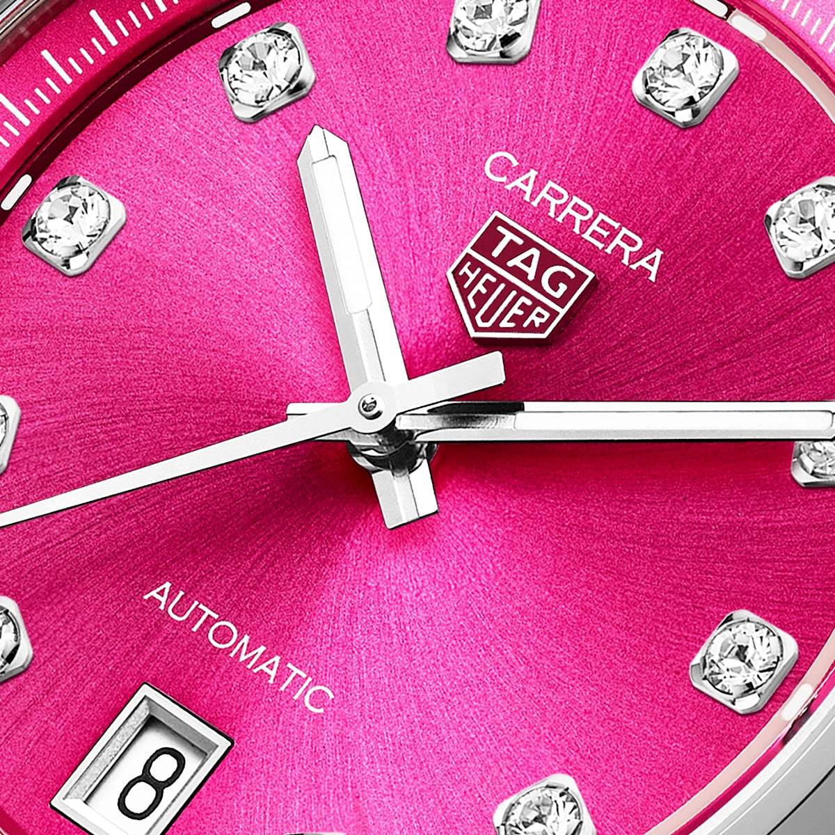 Carrera Date 36mm Vibrant Pink Diamond Dial Ladies Bracelet Watch