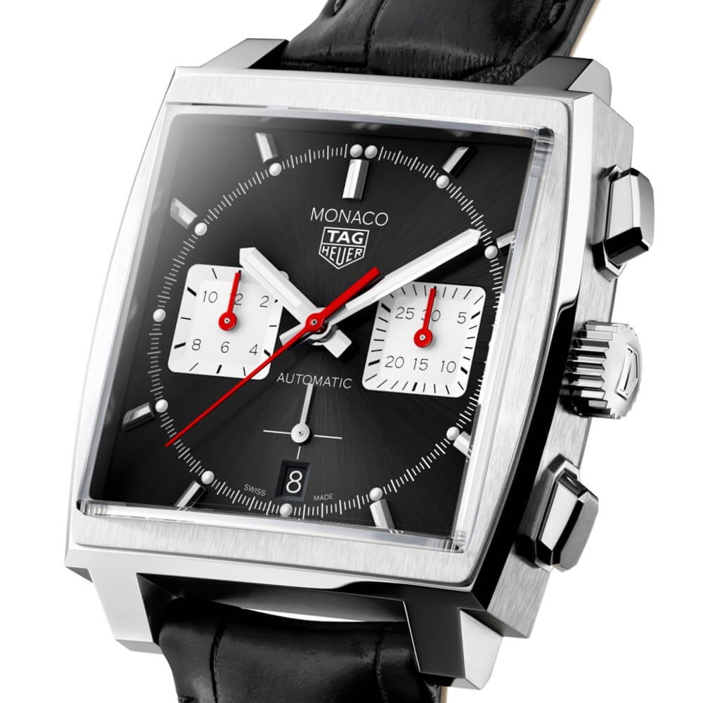 TAG Heuer Monaco 39mm Automatic Chronograph Black Dial Men's Strap Watch - Berry's Jewellers