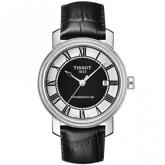 Bridgeport 40mm Silver/Black Roman Dial Leather Strap Watch