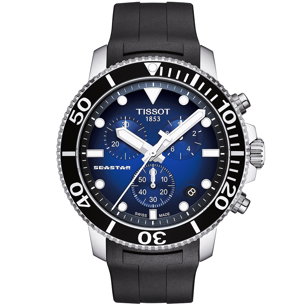 Tissot Seastar 1000 46mm Quartz Gradient Blue Dial & Rubber Strap Chronograph Watch - Berry's Jewellers