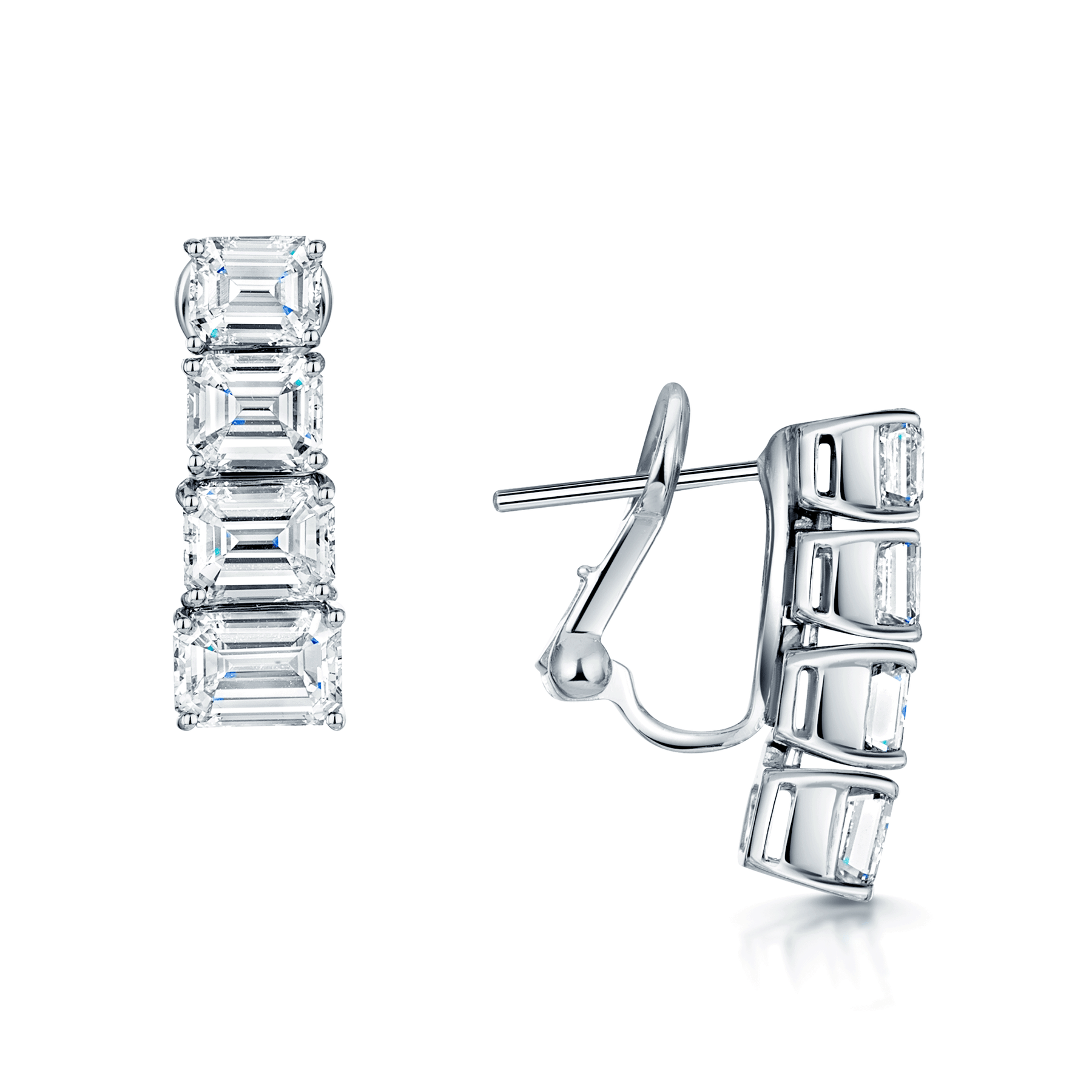 18ct White Gold Emerald Cut Diamond Horizontal Set Four Stone Drop Earrings