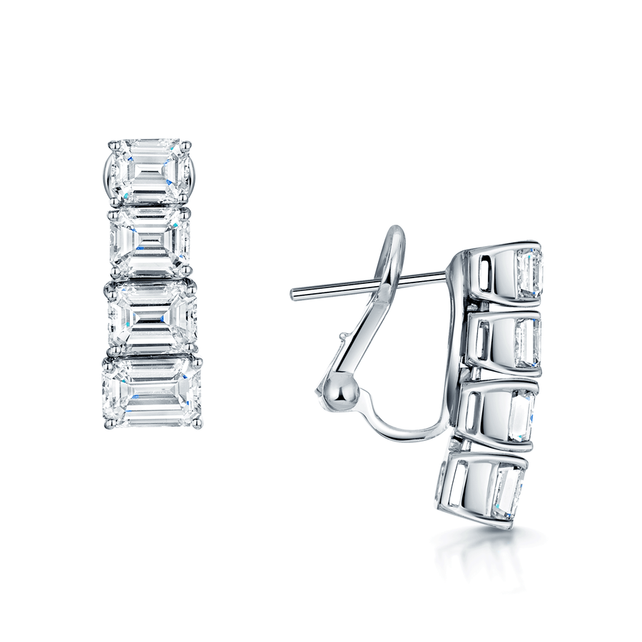 18ct White Gold Emerald Cut Diamond Horizontal Set Four Stone Drop Earrings