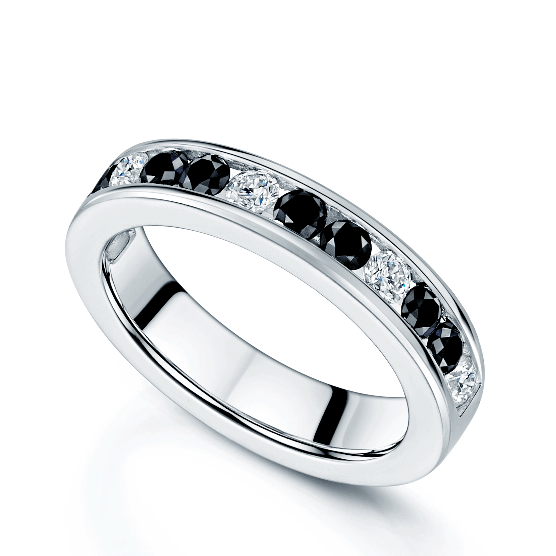 Platinum Round Brilliant Cut Eight Black & White Diamond Channel Set Half Eternity Ring