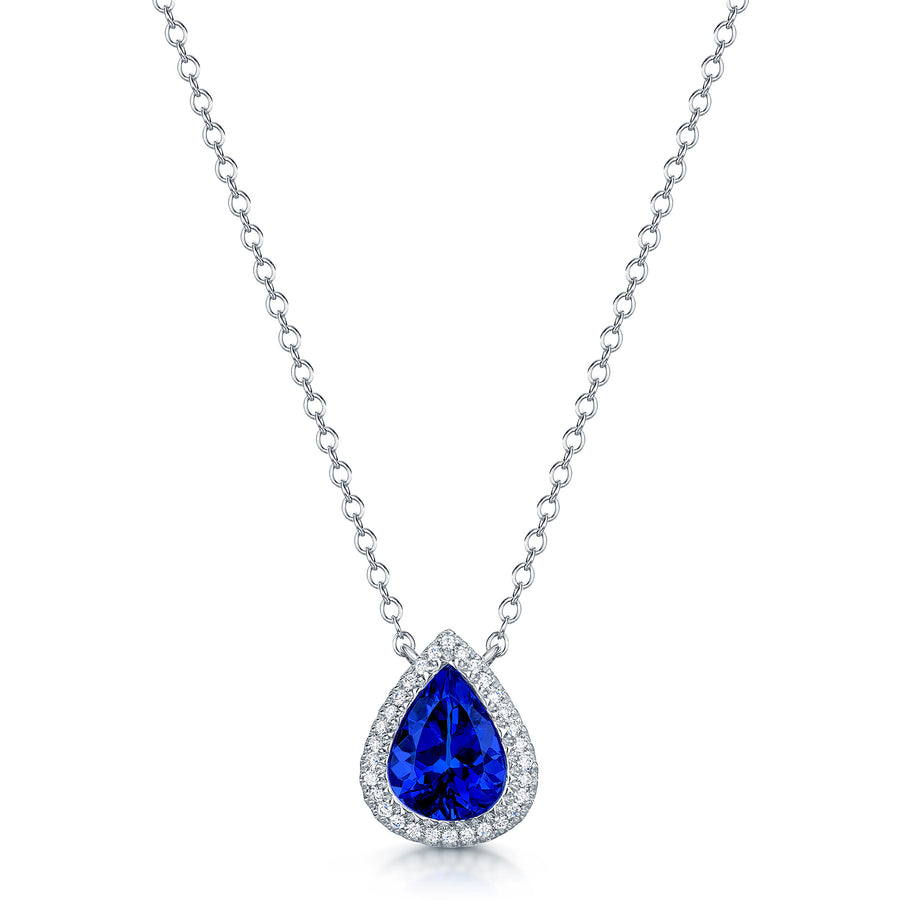 18ct White Gold Pear Cut Tanzanite And Diamond Halo Pendant