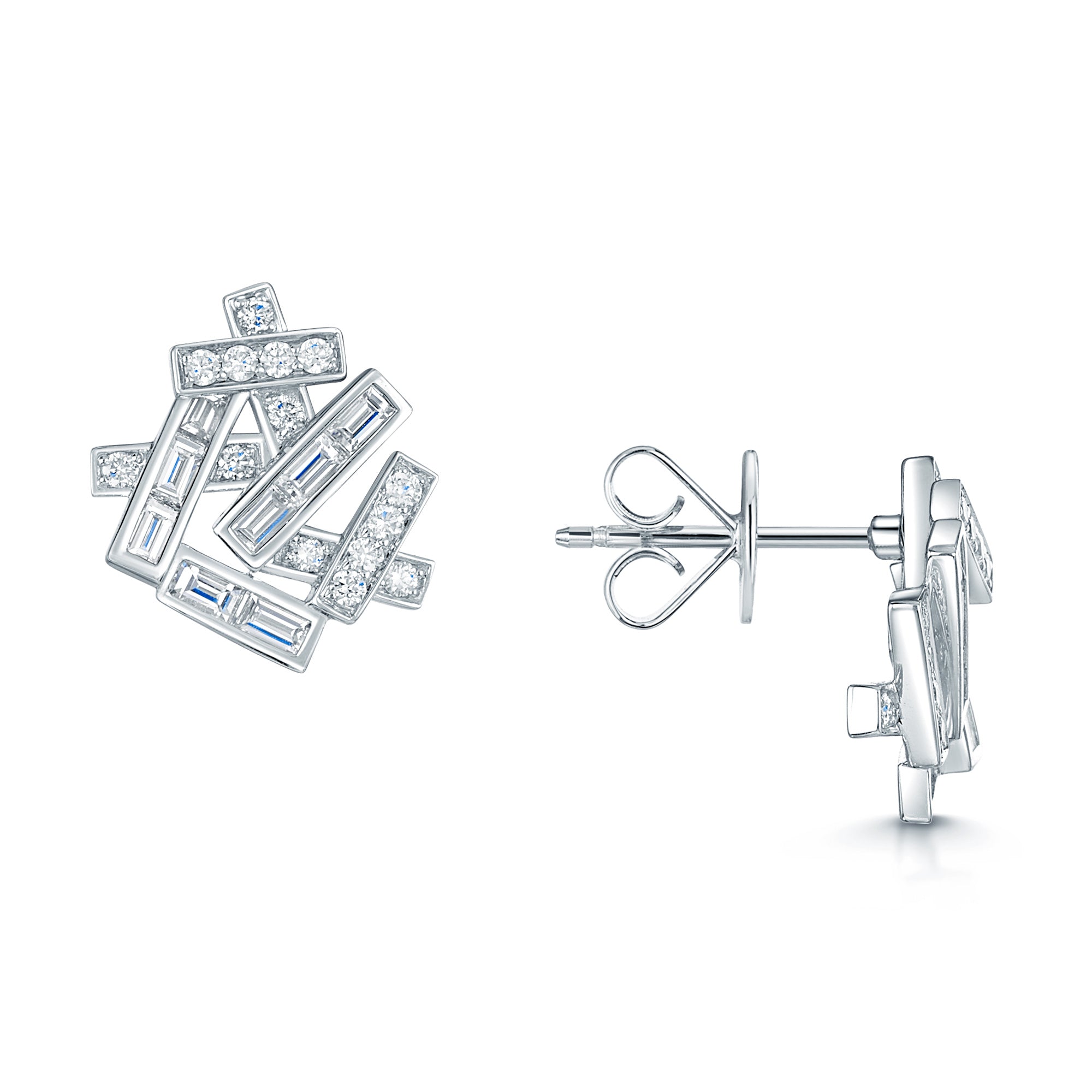 18ct White Gold Baguette and Brilliant Cut Abstract Stack Design Earrings