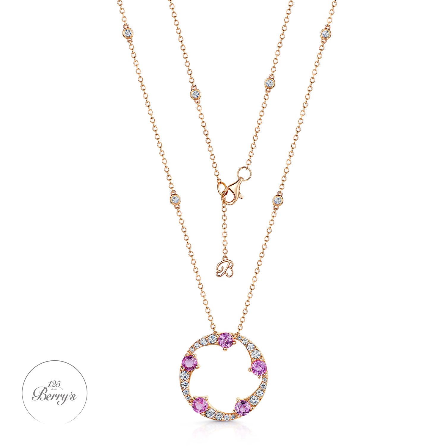 Berry's OPEIA Collection 18ct Rose Gold Pink Sapphire And Diamond Large Circle Pendant - Berry's Jewellers