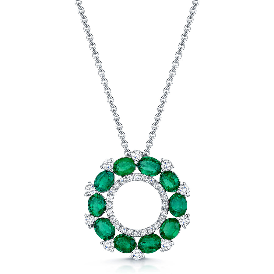 18ct White Gold Emerald & Diamond Open Circle Pendant