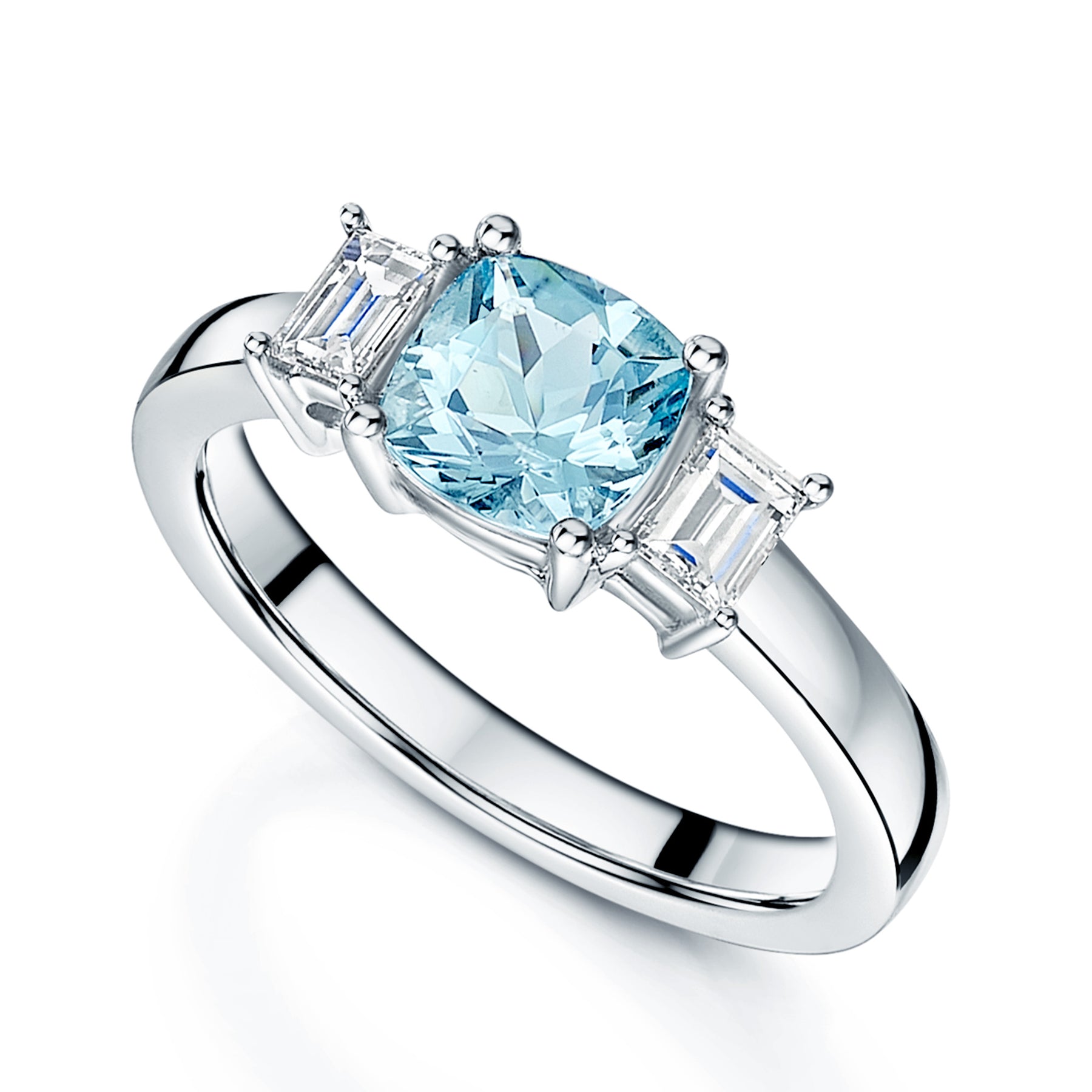 Platinum Aquamarine And Emerald Cut Diamond Three Stone Ring