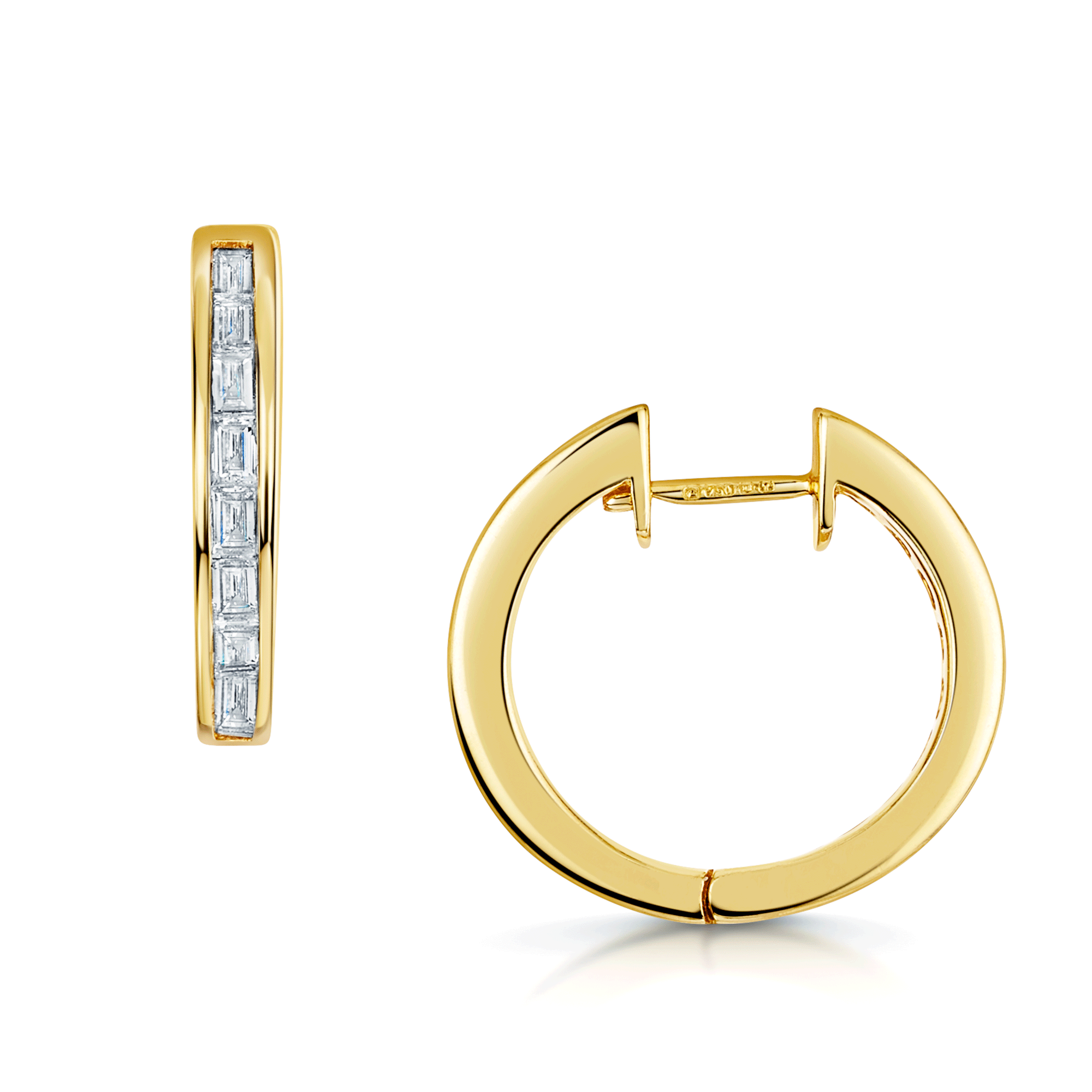 Baguette cut diamond channel set hoop earrings in 18ct yellow gold, 1833