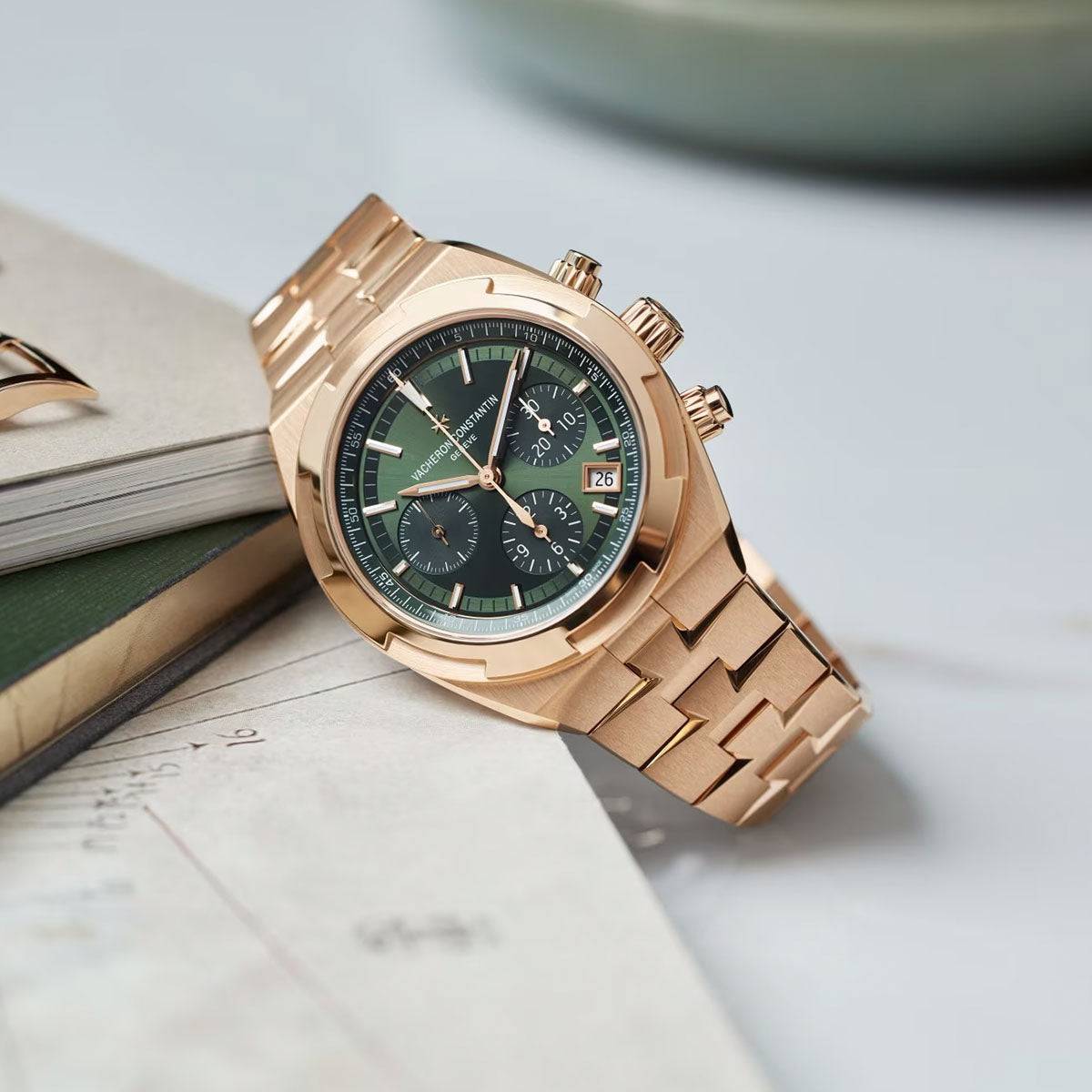 Overseas Chronograph 18ct Pink Gold Green Dial Automatic Bracelet Watch