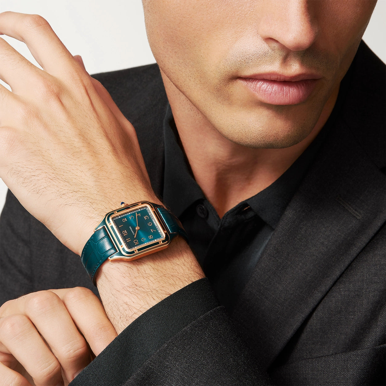 Cartier Santos-Dumont Large 18ct Rose Gold Peacock Blue Lacquer Watch - Berry's Jewellers