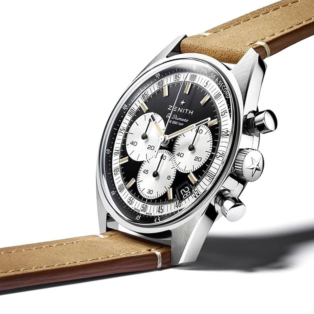 Zenith CHRONOMASTER Original 38mm Reverse Panda Dial Leather Strap Watch - Berry's Jewellers