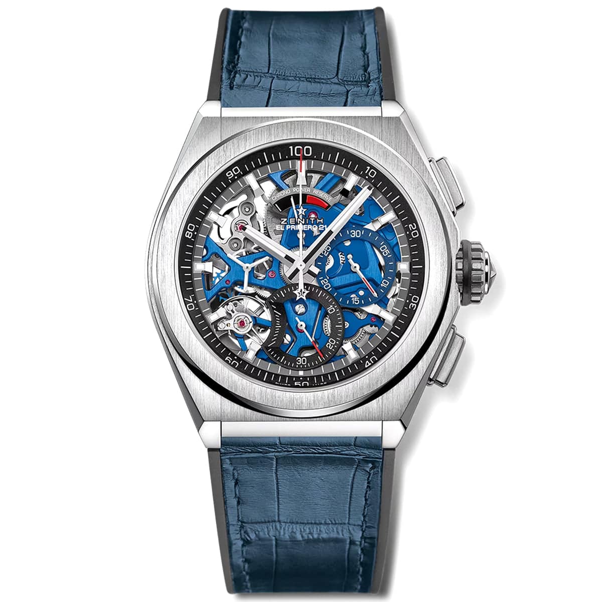 DEFY 21 Titanium 44mm Blue Skeleton Dial Men's Leather Strap Watch