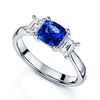 Platinum Cushion Cut Tanzanite And Baguette Cut Diamond Three Stone Dress Ring