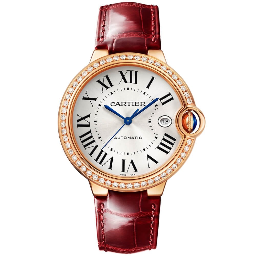 Cartier Ballon Bleu 18ct Rose Gold 40mm Diamond Bezel Set Strap Watch