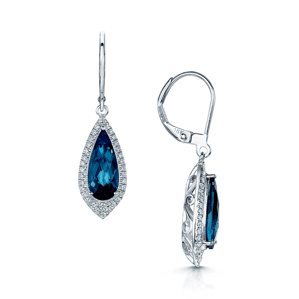 18ct White Gold Pear Shaped London Blue Topaz Drop Earrings