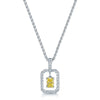 18ct White Gold Emerald Cut Yellow Sapphire with Diamond Open Surround Pendant