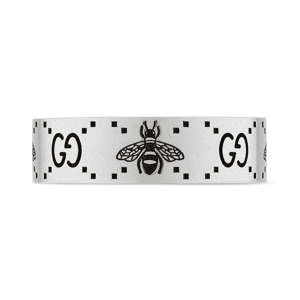 Gucci Signature Sterling Silver GG And Bee Engraved 6mm Ring